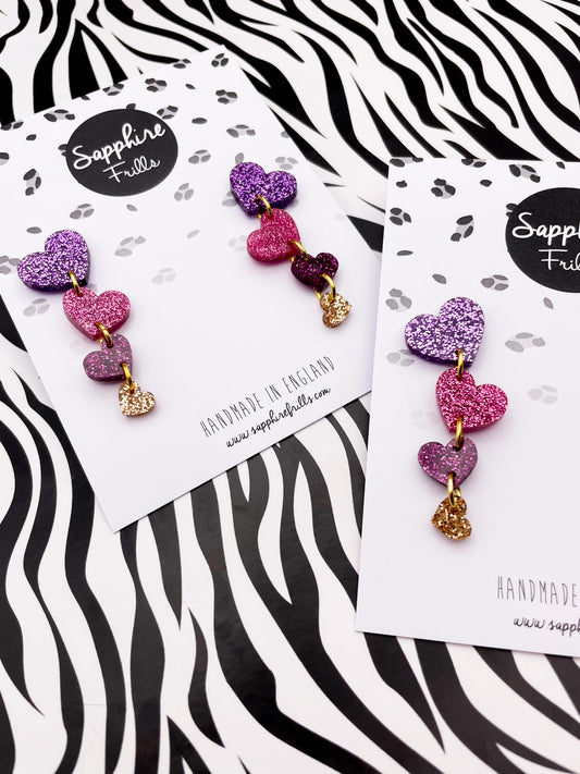 Mauve Purple, Hot Pink and Champagne Gold Glitter Acrylic Heart Dangle Earrings – Hypoallergenic Stainless Steel