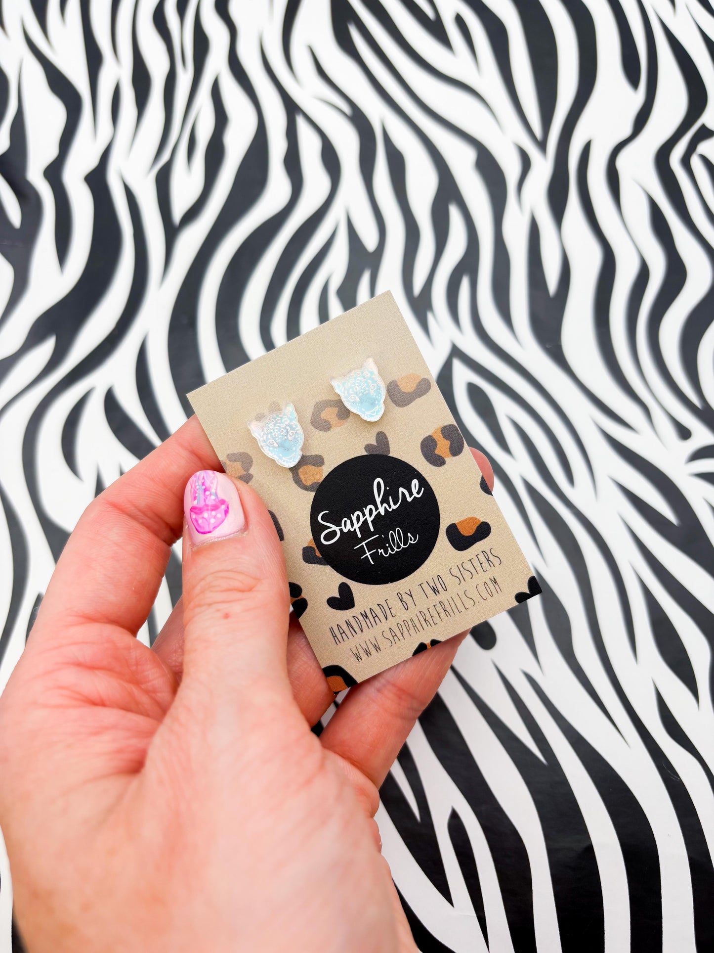 Mini Iridescent Blue Acrylic Leopard Face Stud Earrings