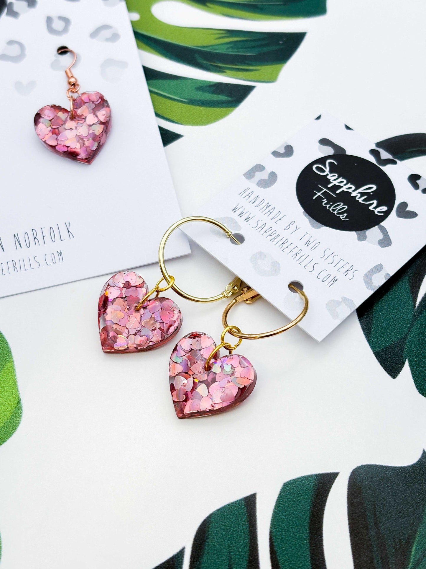 Medium Holographic Dusky Pink Heart Glitter Resin Heart Earrings or Necklace – Hypoallergenic Stainless Steel