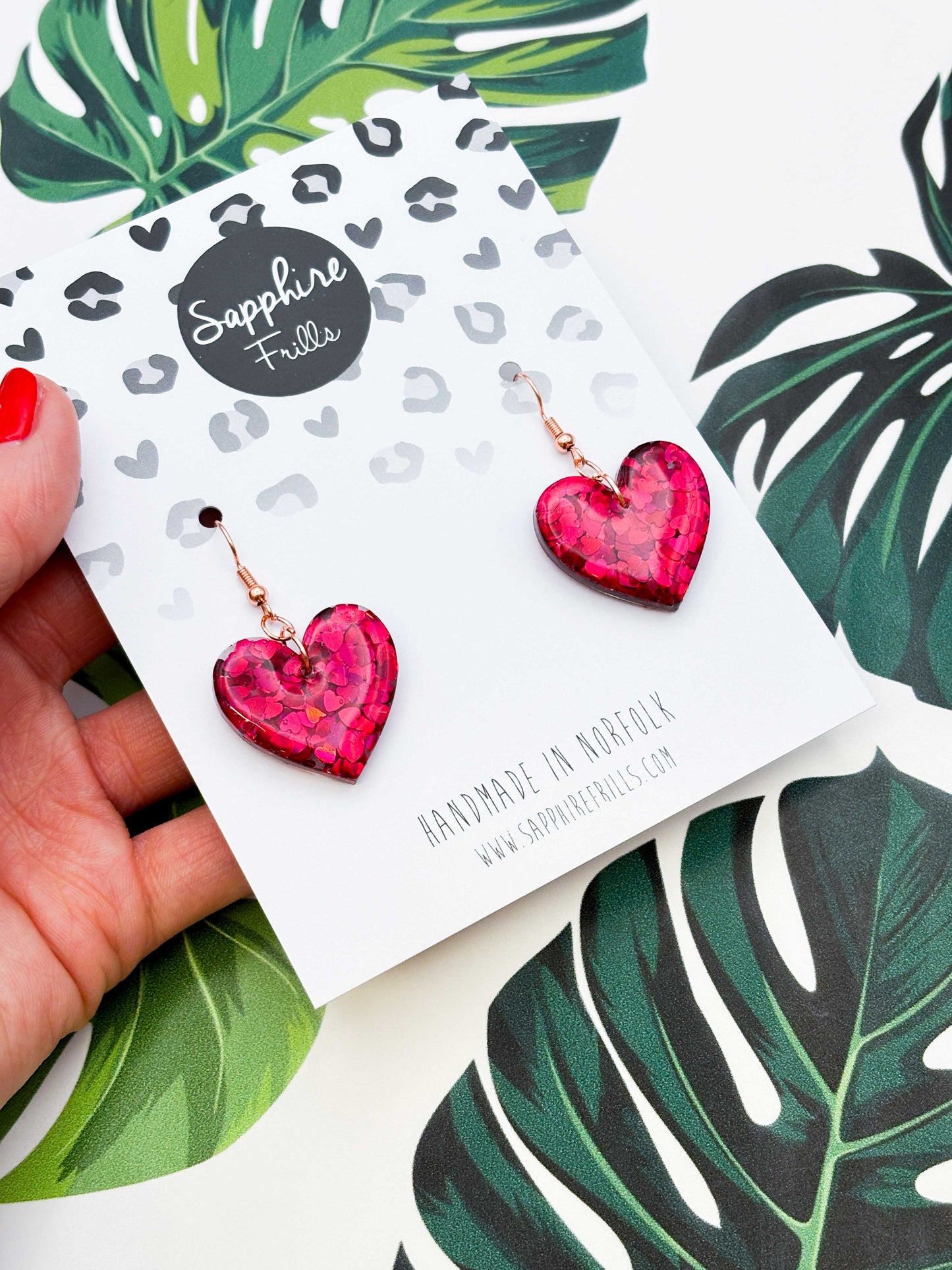 Large Red Heart Glitter Resin Heart Earrings or Necklace – Hypoallergenic Stainless Steel