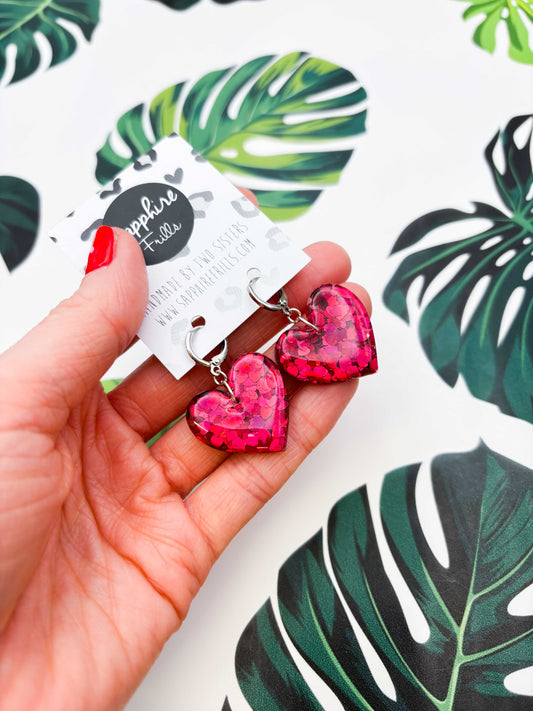 Large Red Heart Glitter Resin Heart Earrings or Necklace – Hypoallergenic Stainless Steel