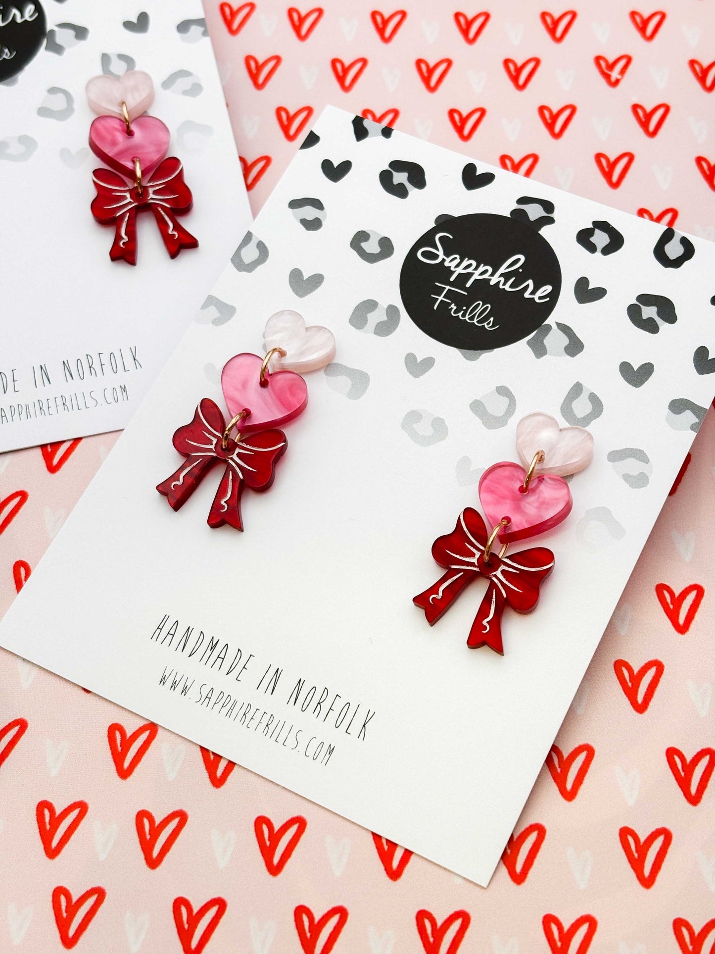 Pink Hearts and Red Marble Bow Trio Acrylic Dangle Earrings – Hypoallergenic Stainless Steel