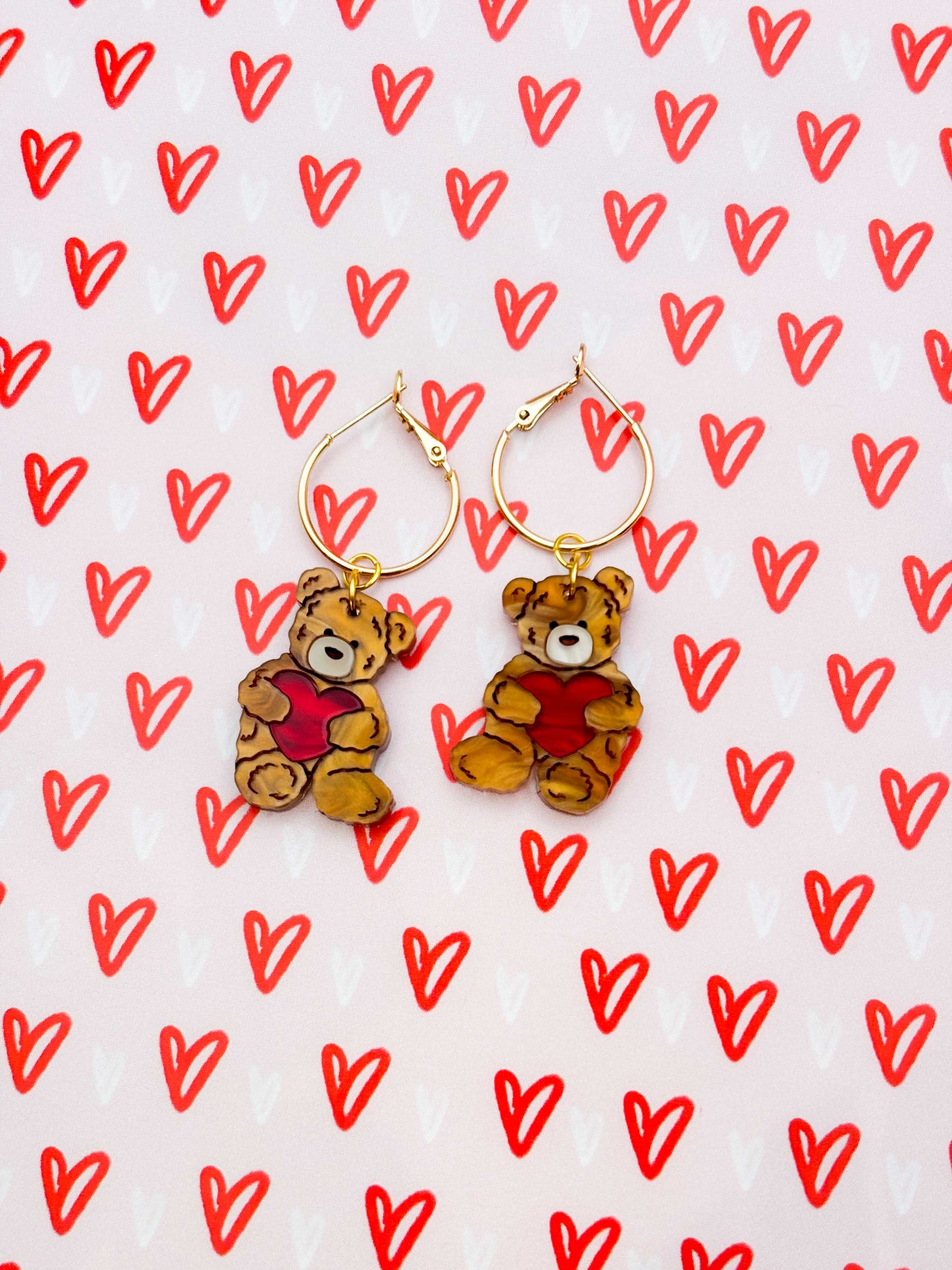Medium Copper Brown Teddy Bear Heart Dangle Earrings