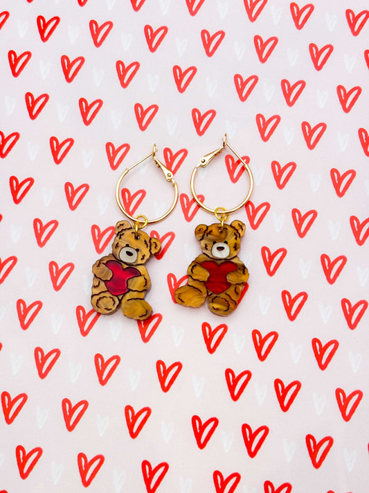 Medium Copper Brown Teddy Bear Heart Dangle Earrings or Necklace – Hypoallergenic Stainless Steel