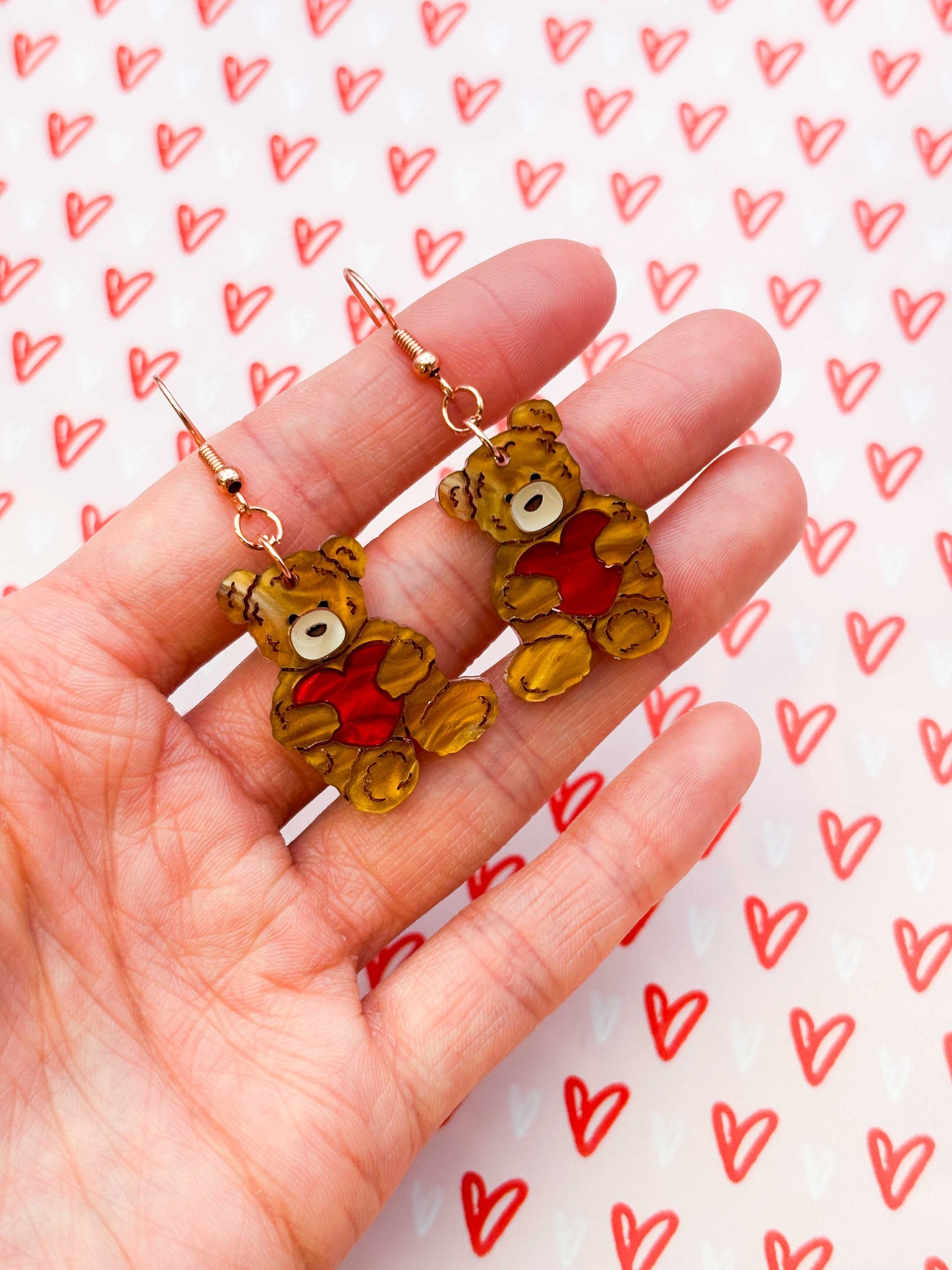 Medium Copper Brown Teddy Bear Heart Dangle Earrings
