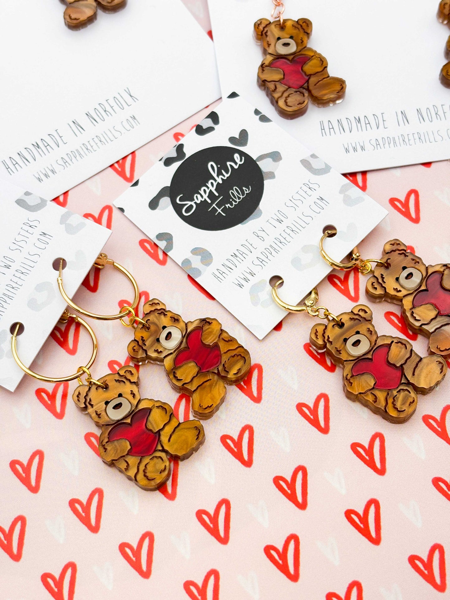 Medium Copper Brown Teddy Bear Heart Dangle Earrings