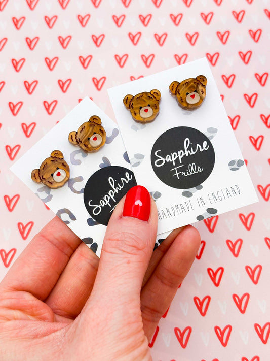 Small Copper Brown Teddy Bear Face Stud Earrings – Hypoallergenic Stainless Steel
