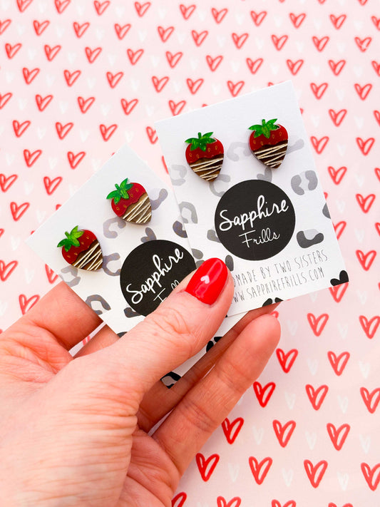 Small Chocolate Dipped Acrylic Strawberry Stud Earrings – Hypoallergenic Stainless Steel
