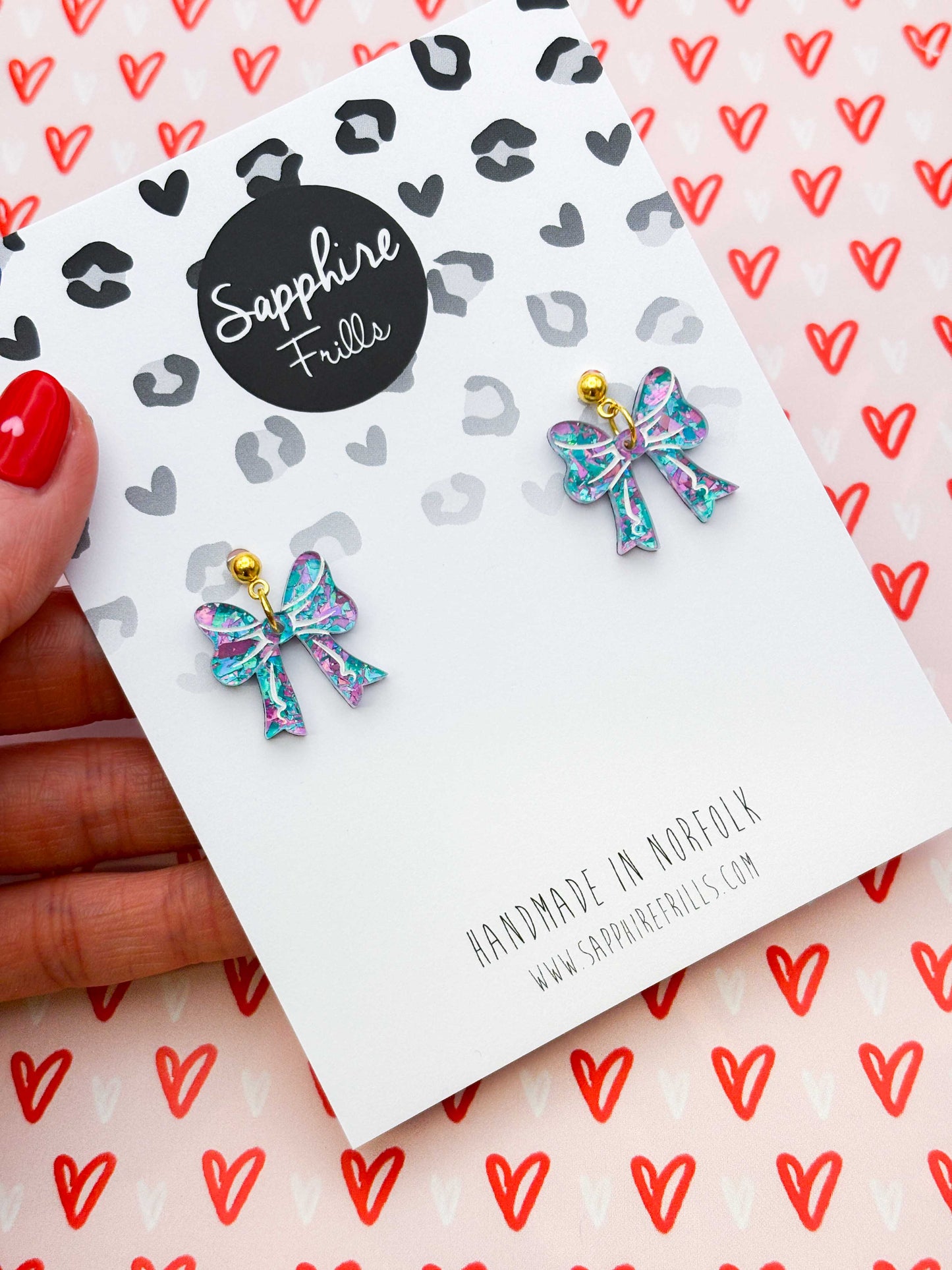 Medium Lilac and Mint Confetti Short Bow Dangle Earrings or Necklace – Hypoallergenic Stainless Steel