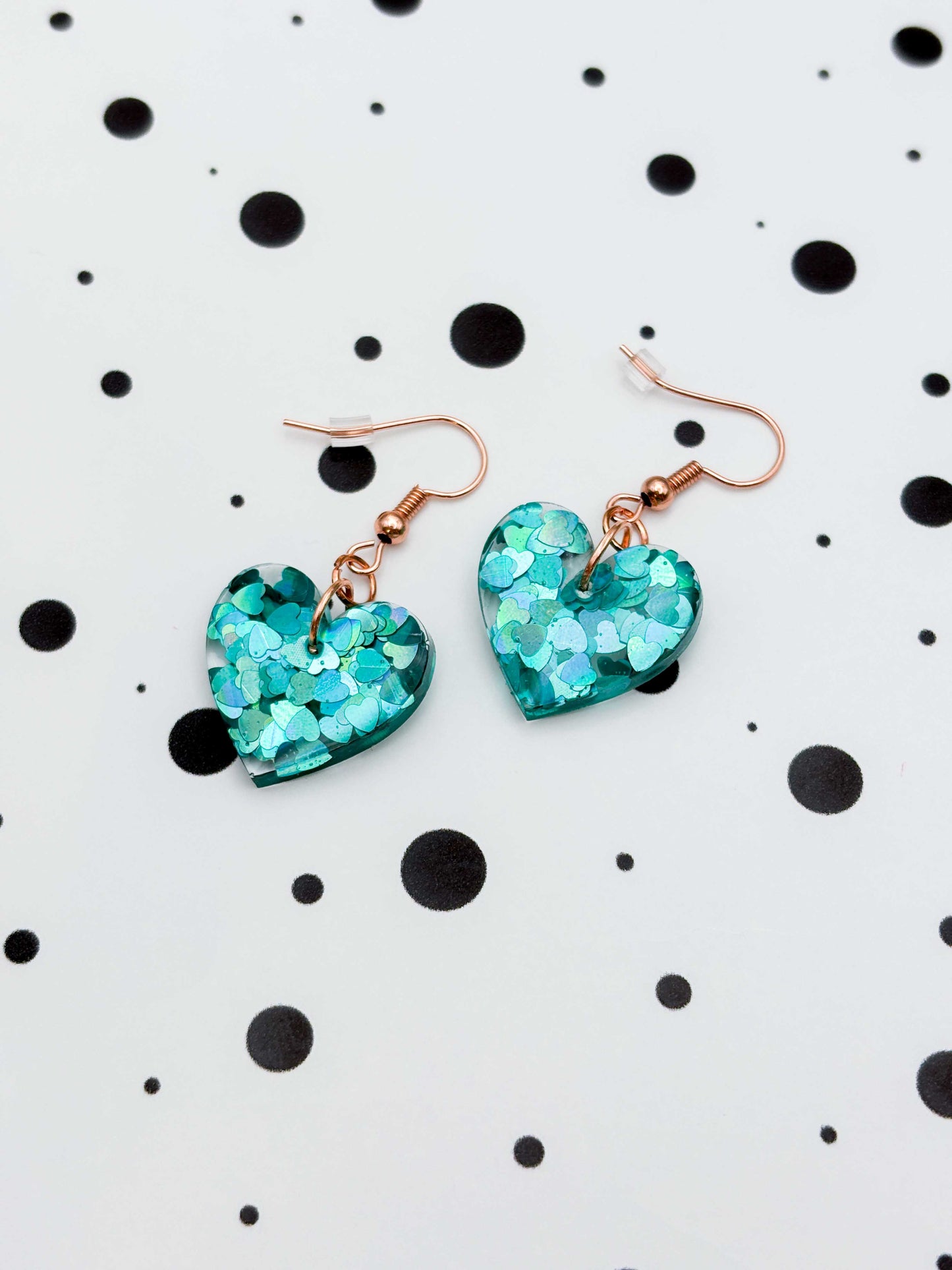 Medium Holographic Teal Heart Glitter Resin Heart Earrings or Necklace – Hypoallergenic Stainless Steel