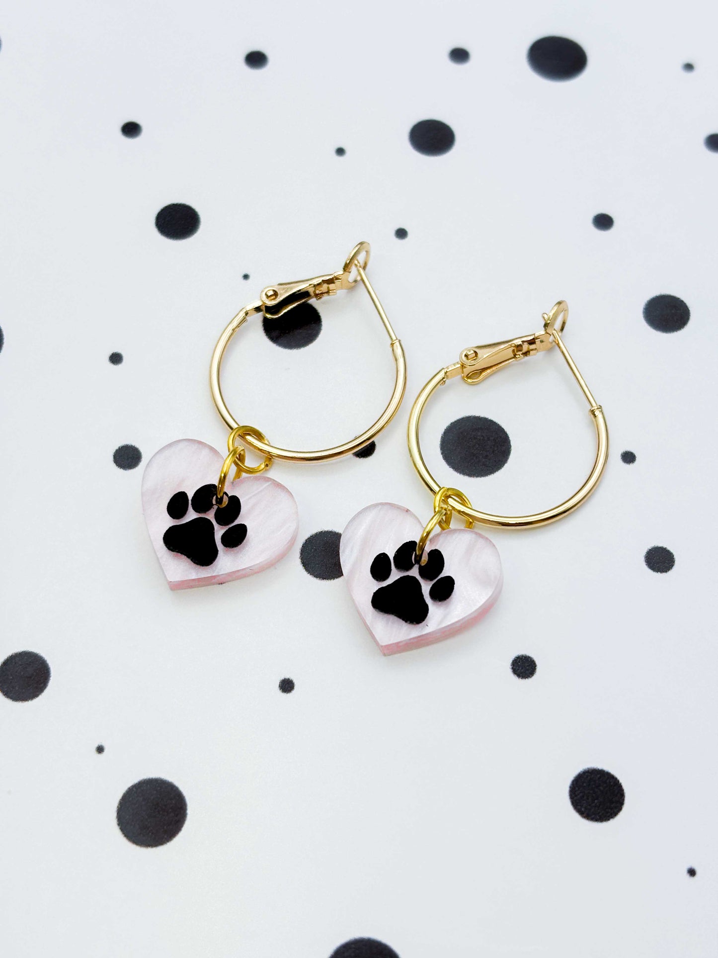 Small Baby Pink Marble Paw Print Acrylic Heart Dangle Earrings or Necklace – Hypoallergenic Stainless Steel