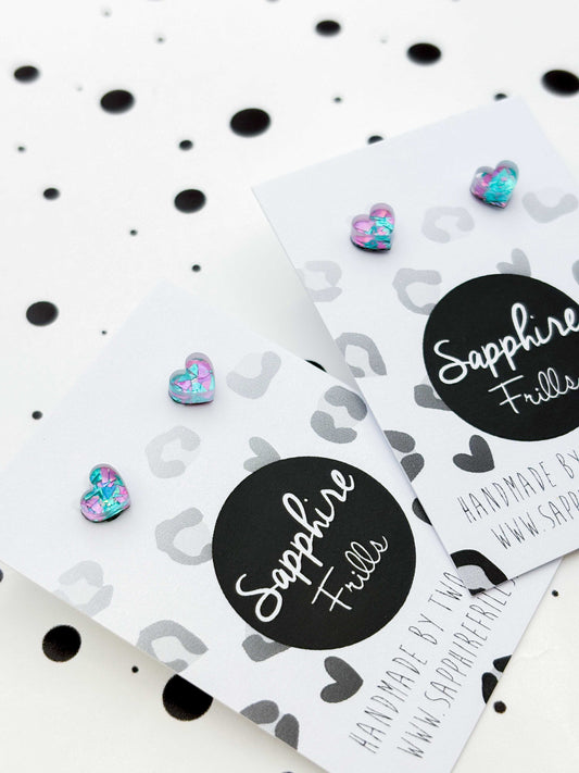 Micro Lilac and Mint Confetti Heart Acrylic Stud Earrings – Hypoallergenic Stainless Steel