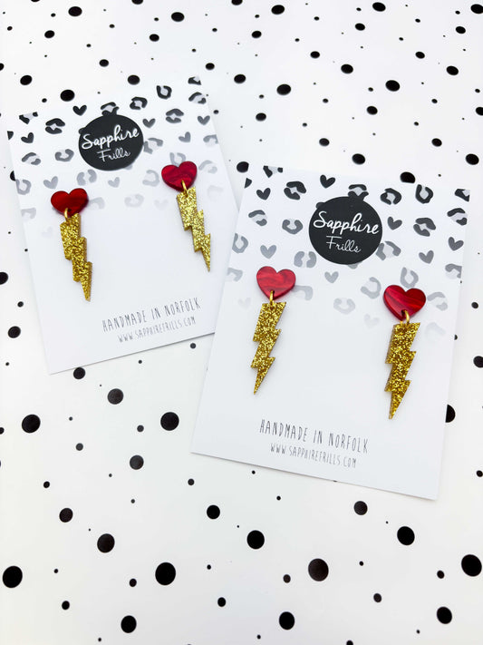 Lovestruck Red Marble Heart and Gold Glitter Lightning Bolt Acrylic Dangle Earrings – Hypoallergenic Stainless Steel