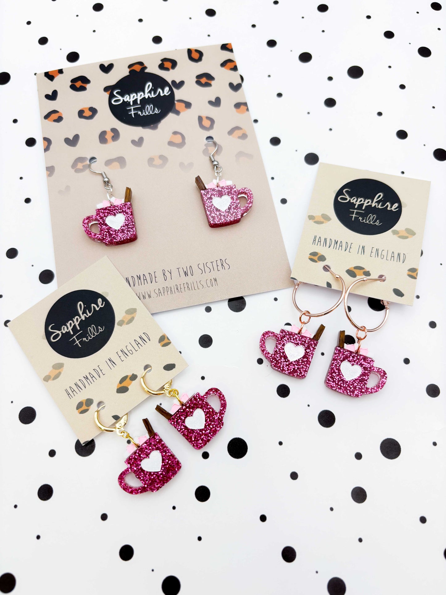 Medium Pink Glitter Valentines Acrylic Hot Chocolate Mug Dangle Earrings