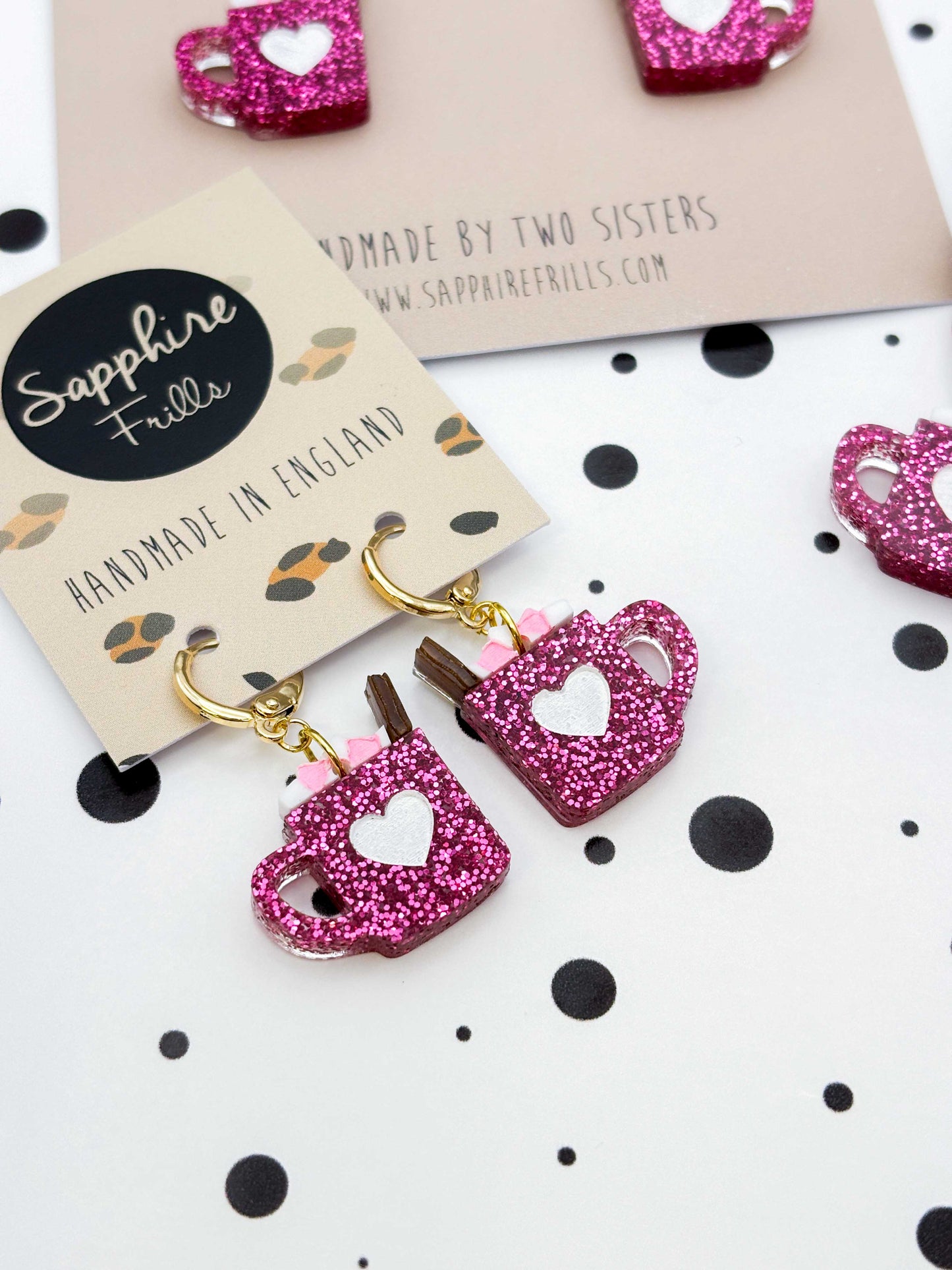 Medium Pink Glitter Valentines Acrylic Hot Chocolate Mug Dangle Earrings