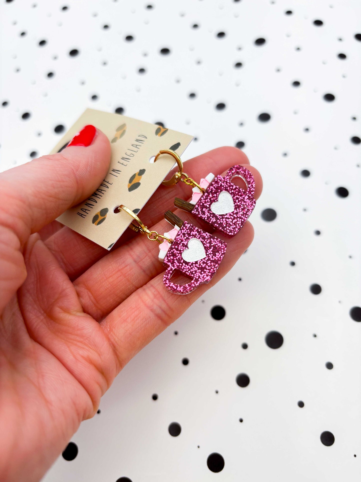 Medium Pink Glitter Valentines Acrylic Hot Chocolate Mug Dangle Earrings