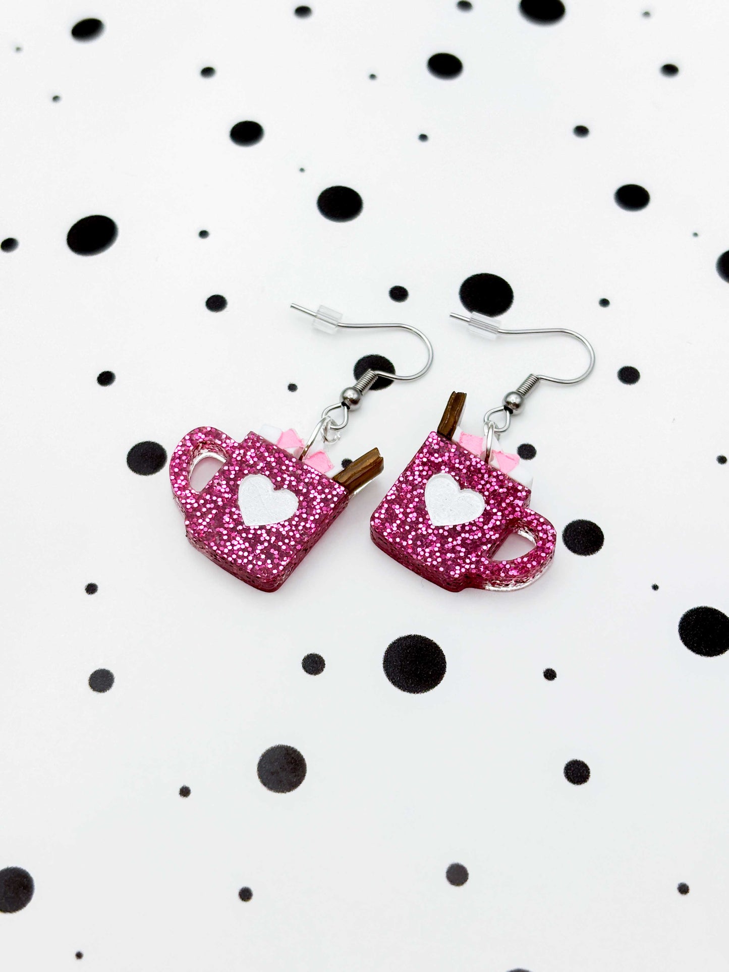 Medium Pink Glitter Valentines Acrylic Hot Chocolate Mug Dangle Earrings