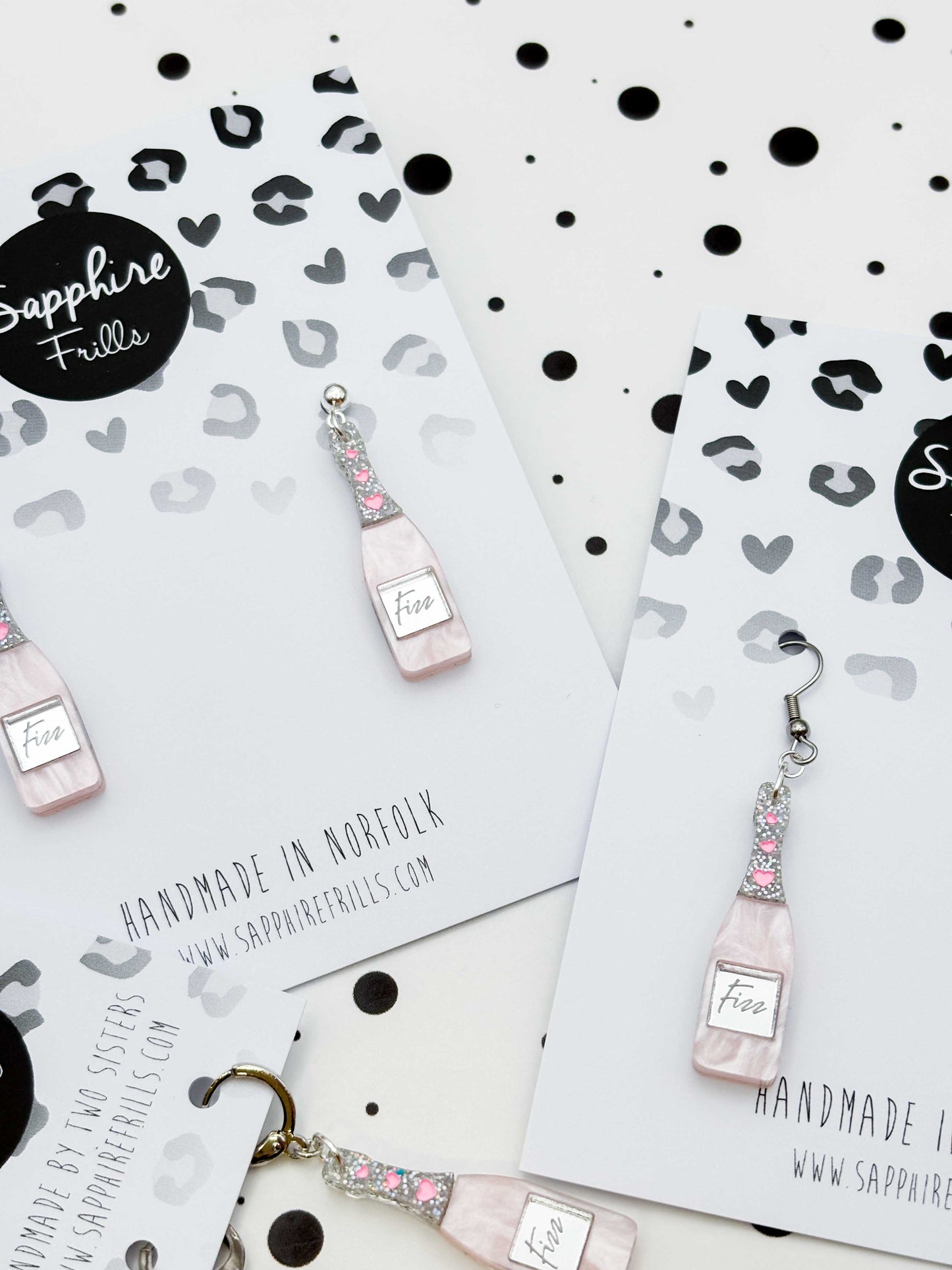 Large Rosé Prosecco Fizz Bottle Acrylic Dangle Earrings or Necklace – Hypoallergenic Stainless Steel