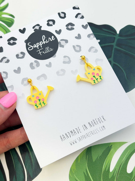 Medium Yellow Floral Watering Can Dangle Earrings or Necklace – Hypoallergenic Stainless Steel
