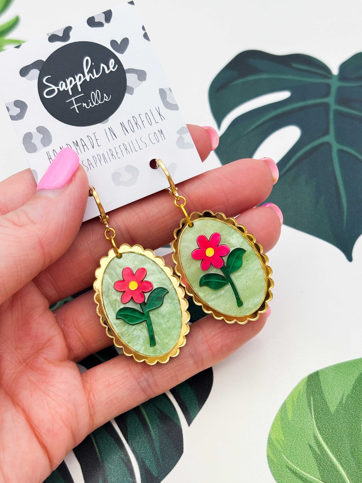 Large Pink Flower with Pale Green Glitter Marble Scalloped Oval Dangle Earrings or Necklace – Hypoallergenic Stainless Steel