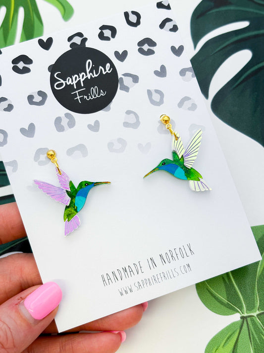 Large Green & Blue Hummingbird with Iridescent Wings Dangle Earrings or Necklace – Hypoallergenic Stainless Steel