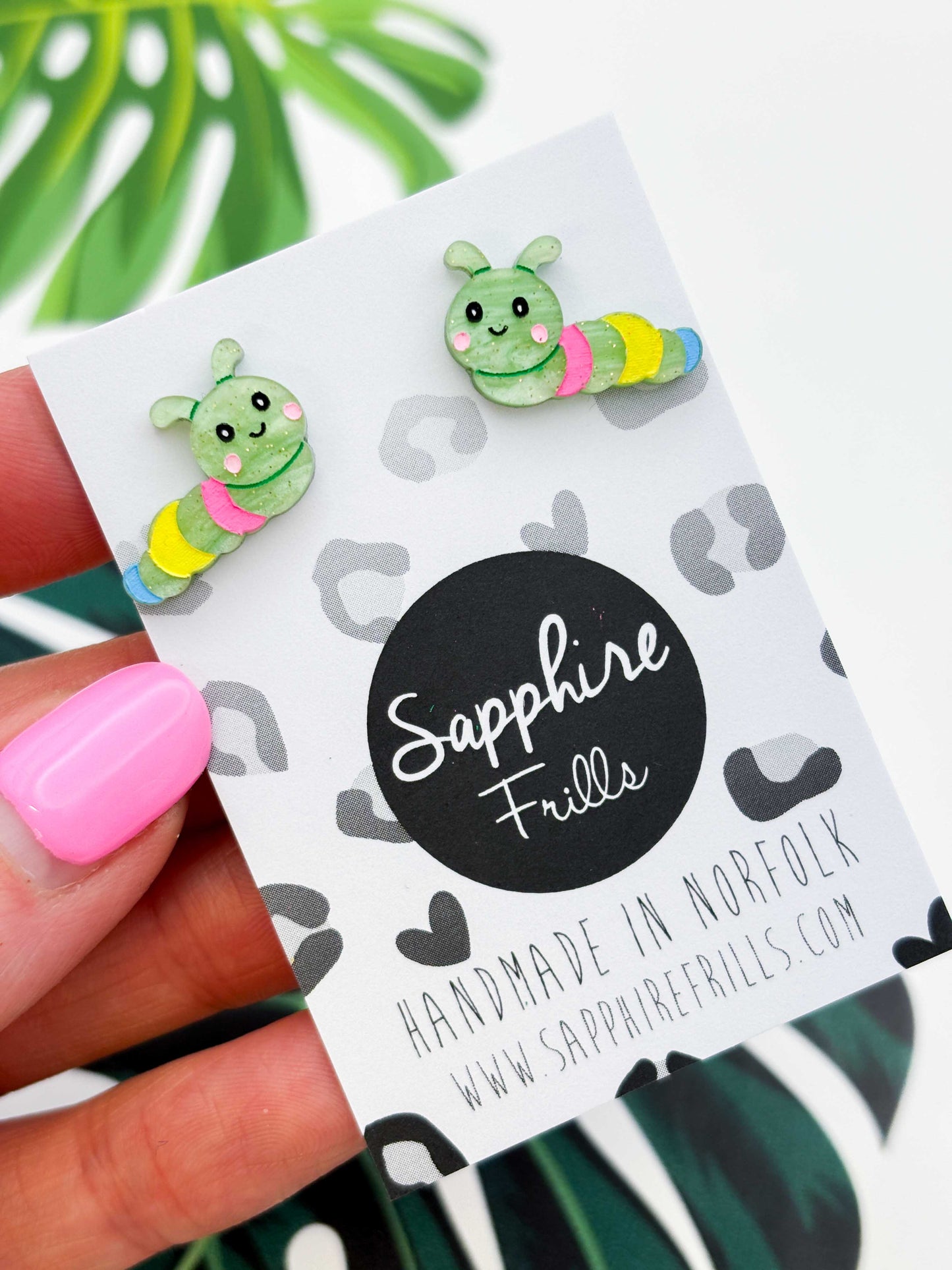 Small Pale Green Glitter Marble Rainbow Caterpillar Stud Earrings – Hypoallergenic Stainless Steel