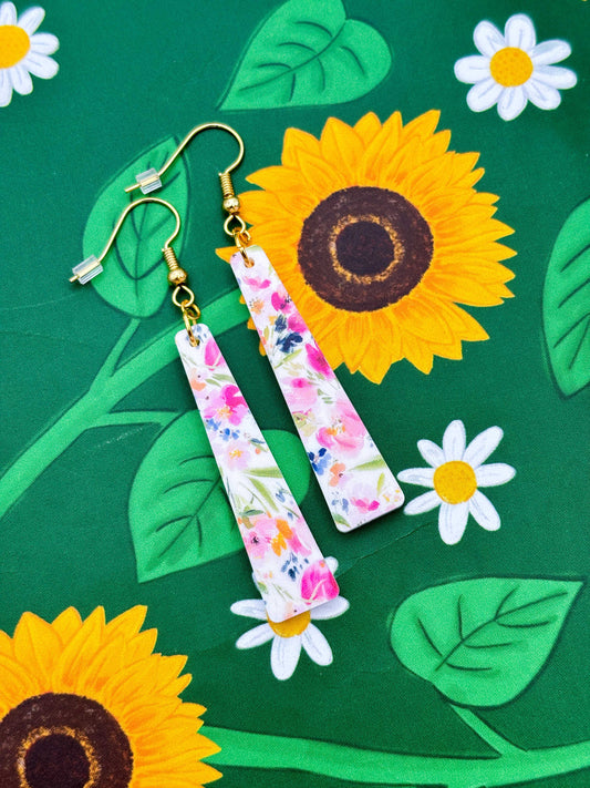 Large Floral Print Trapeze Dangle Earrings or Necklace – Hypoallergenic Stainless Steel
