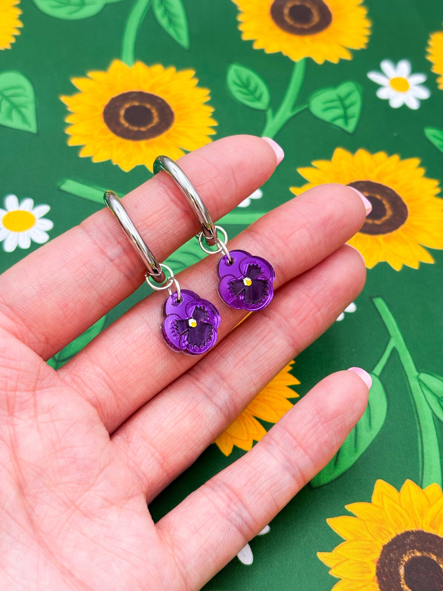 Small Purple Mirror Pansy Dangle Earrings or Necklace – Hypoallergenic Stainless Steel