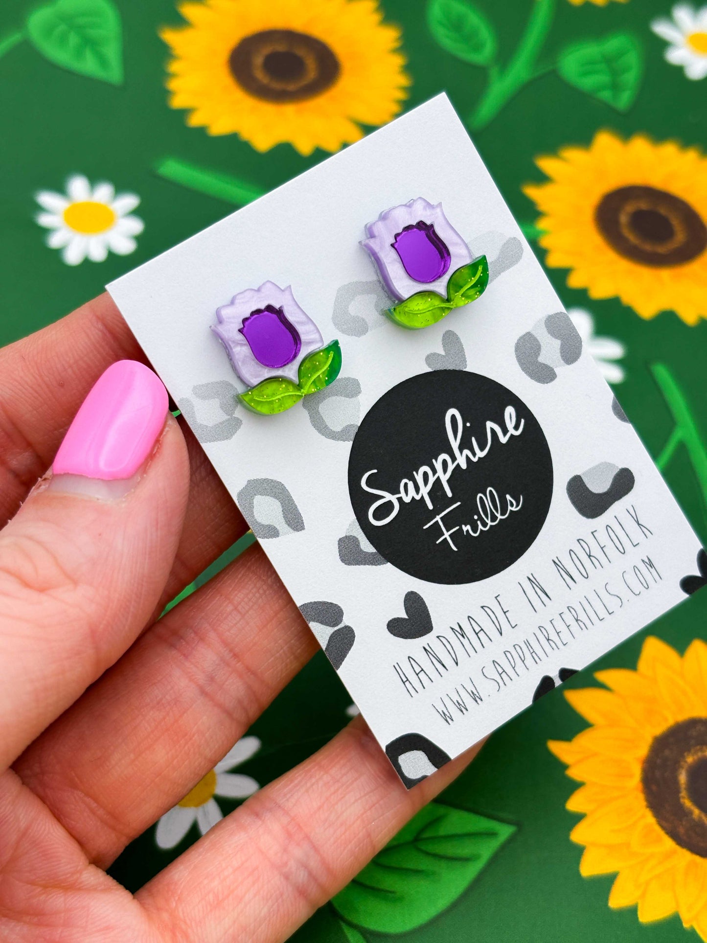 Small Purple Tulip with Leaves Stud Earrings