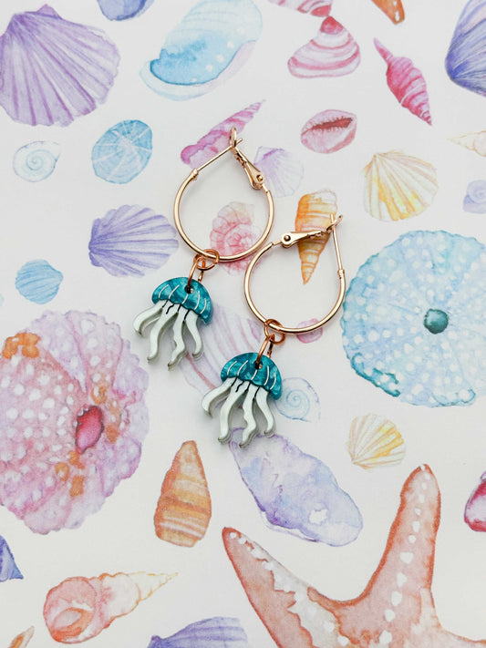 Small Cyan Marble Jellyfish Acrylic Dangle Earrings or Necklace – Hypoallergenic Stainless Steel