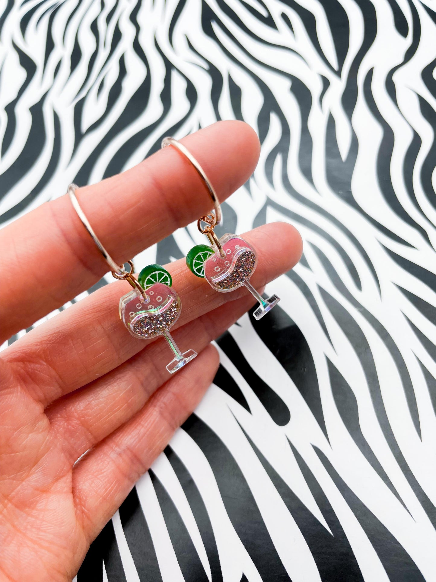 Medium Iridescent Rose Glitter Acrylic Lime and Gin Glass Dangle Earrings or Necklace – Hypoallergenic Stainless Steel