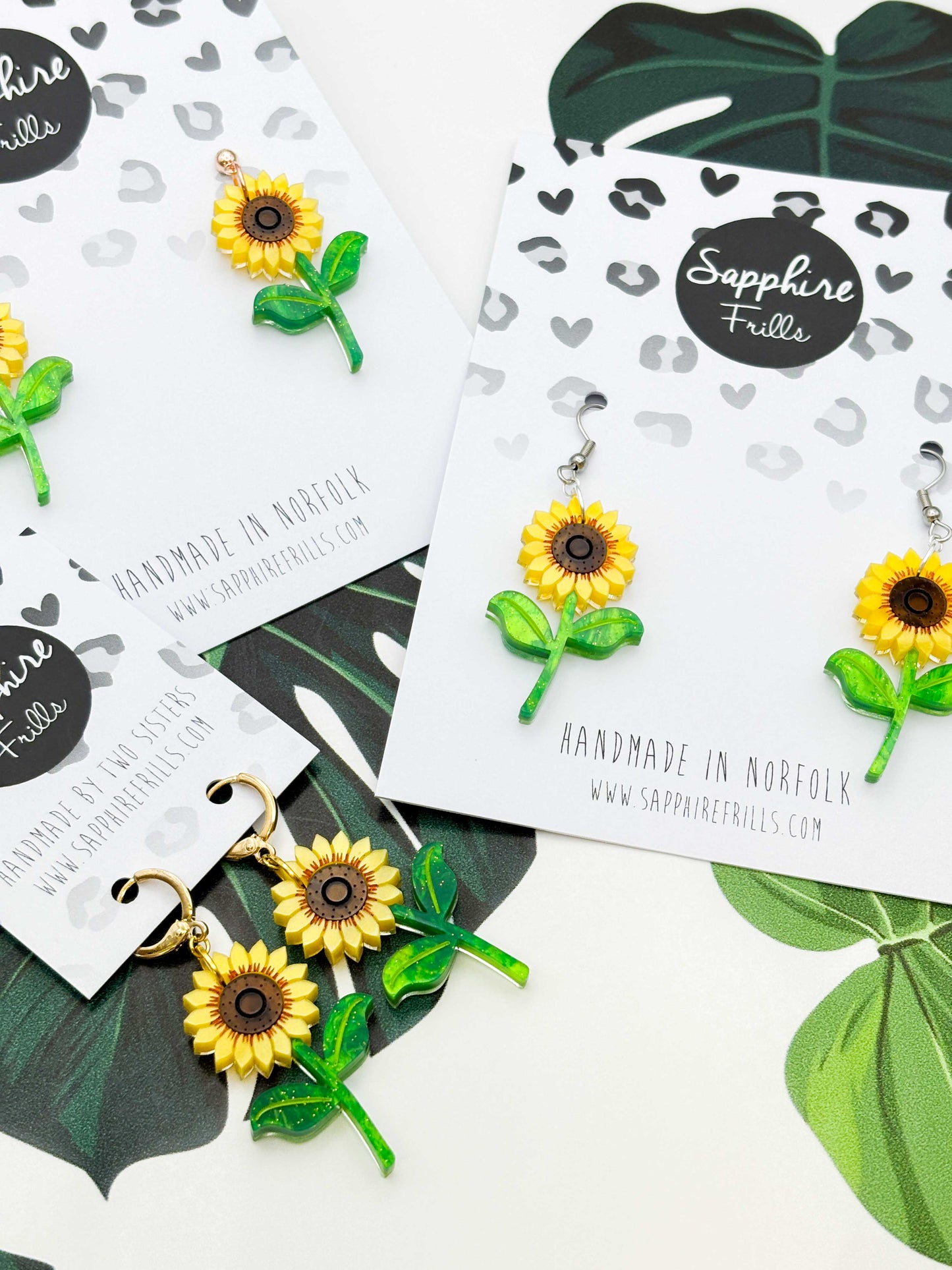 Large Yellow Sunflower Acrylic Dangle Earrings or Necklace – Hypoallergenic Stainless Steel