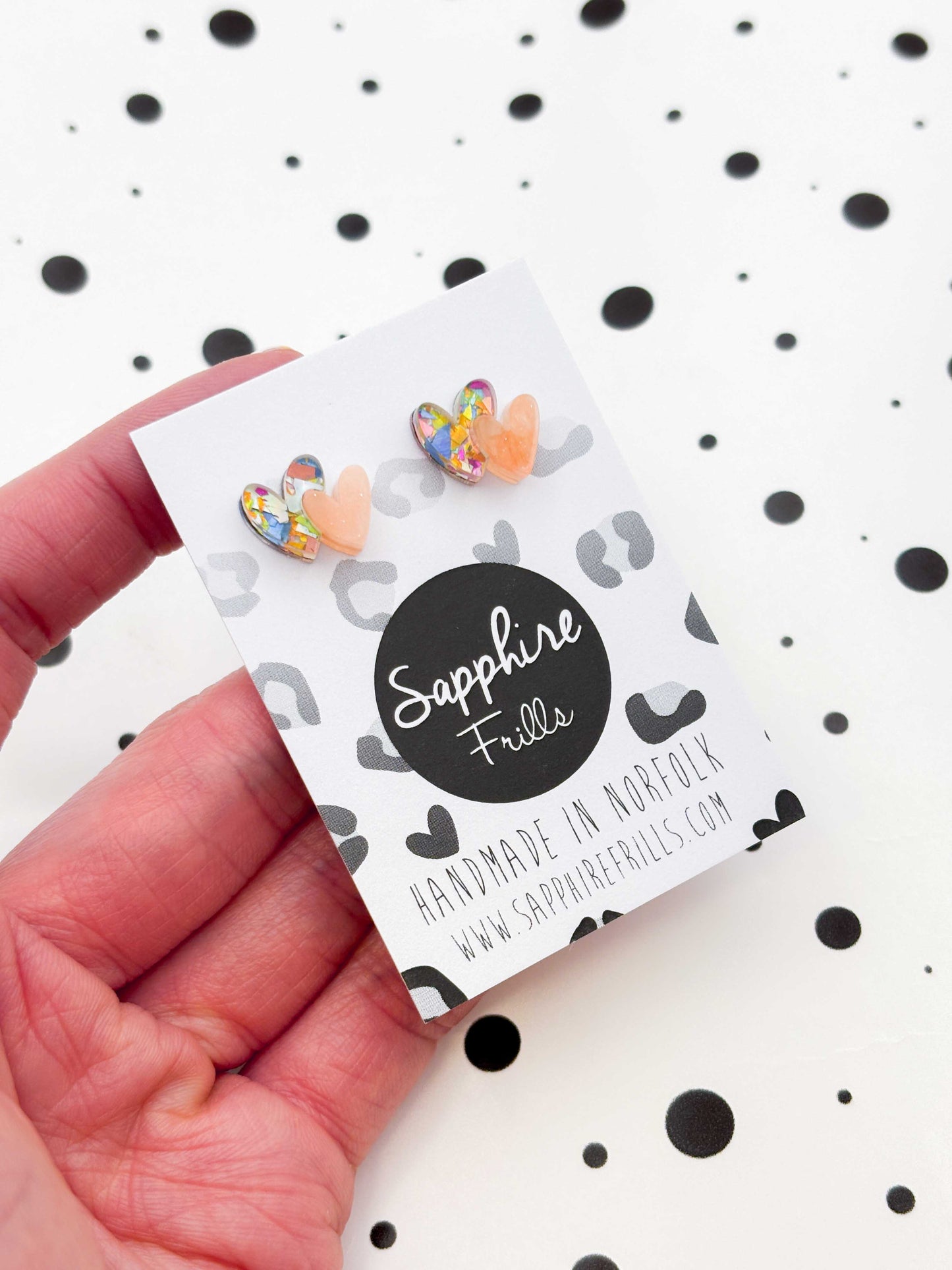 Mini Rainbow Confetti and Peach Marble Double Heart Acrylic Stud Earrings