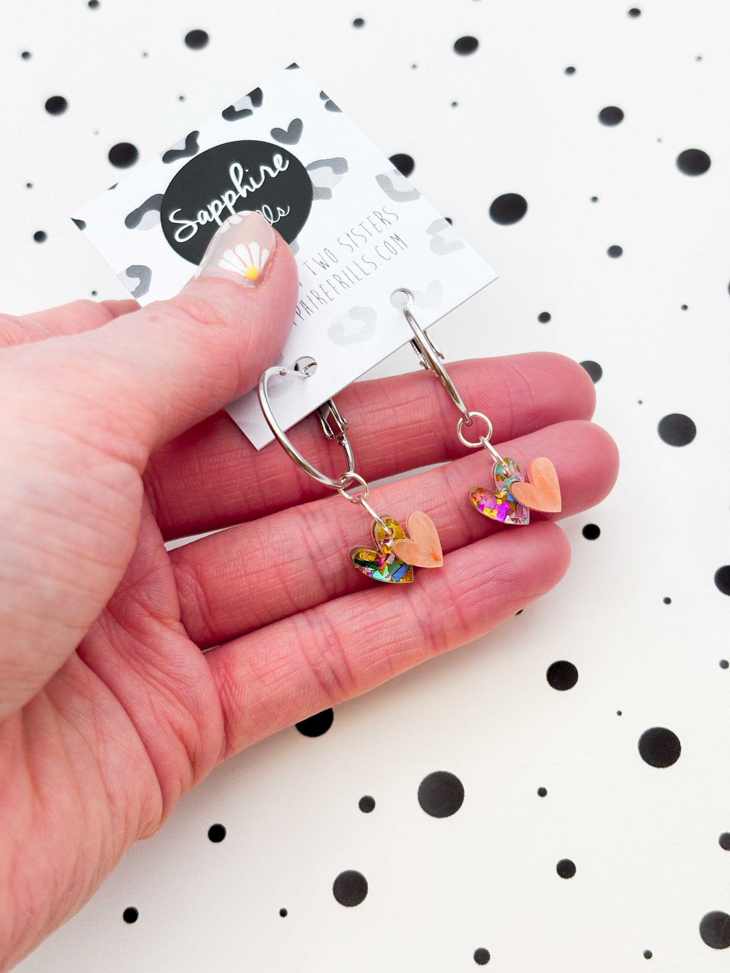 Mini Rainbow Confetti and Peach Marble Double Heart Dangle Earrings
