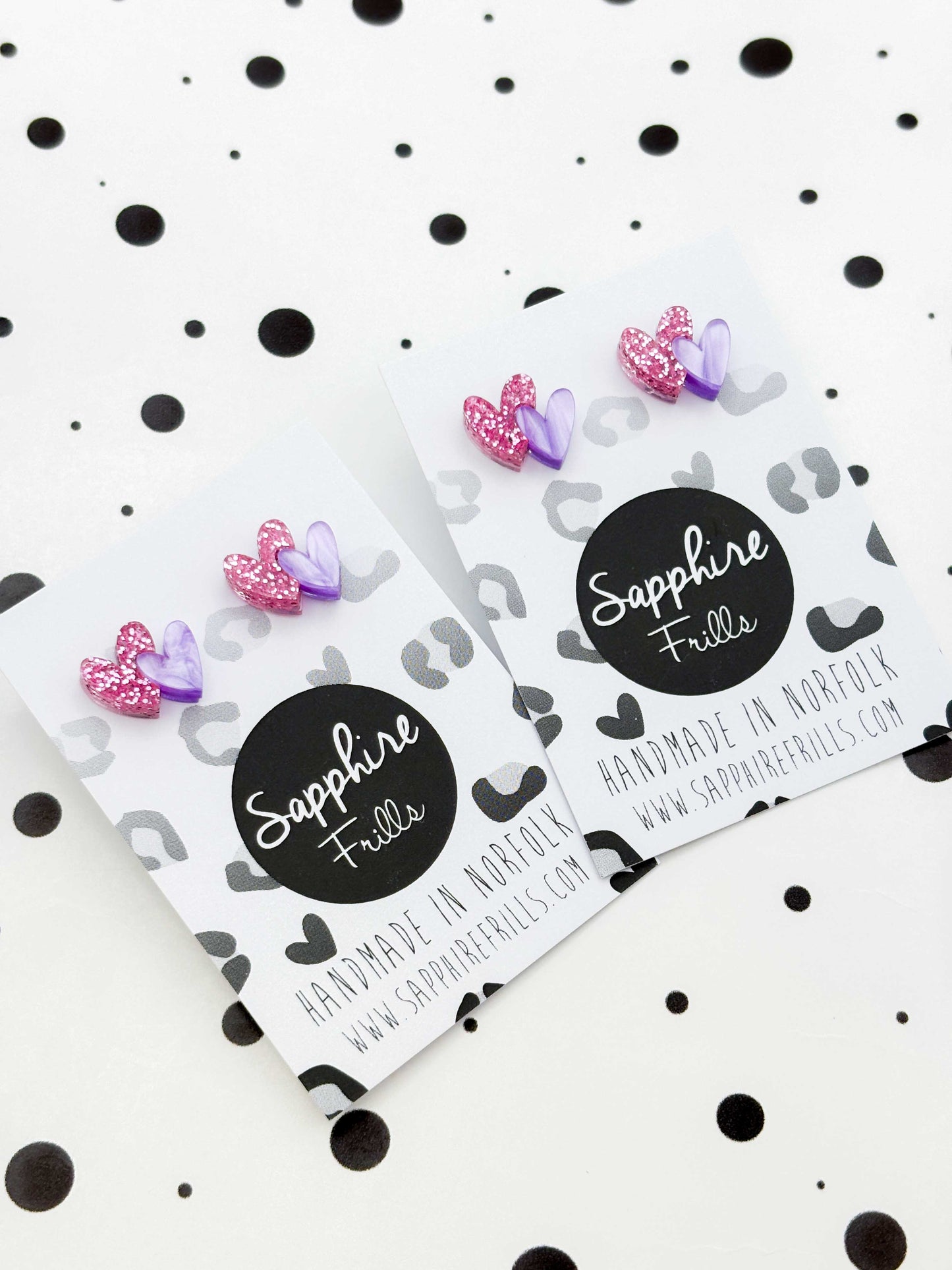 Mini Bubblegum Pink Glitter and Lilac Marble Double Heart Acrylic Stud Earrings – Hypoallergenic Stainless Steel