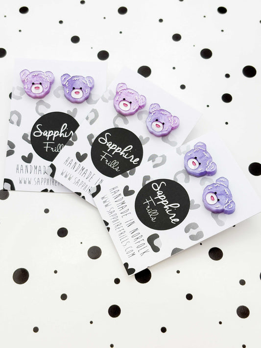 Small Lilac Glitter Marble Teddy Bear Face Stud Earrings – Hypoallergenic Stainless Steel