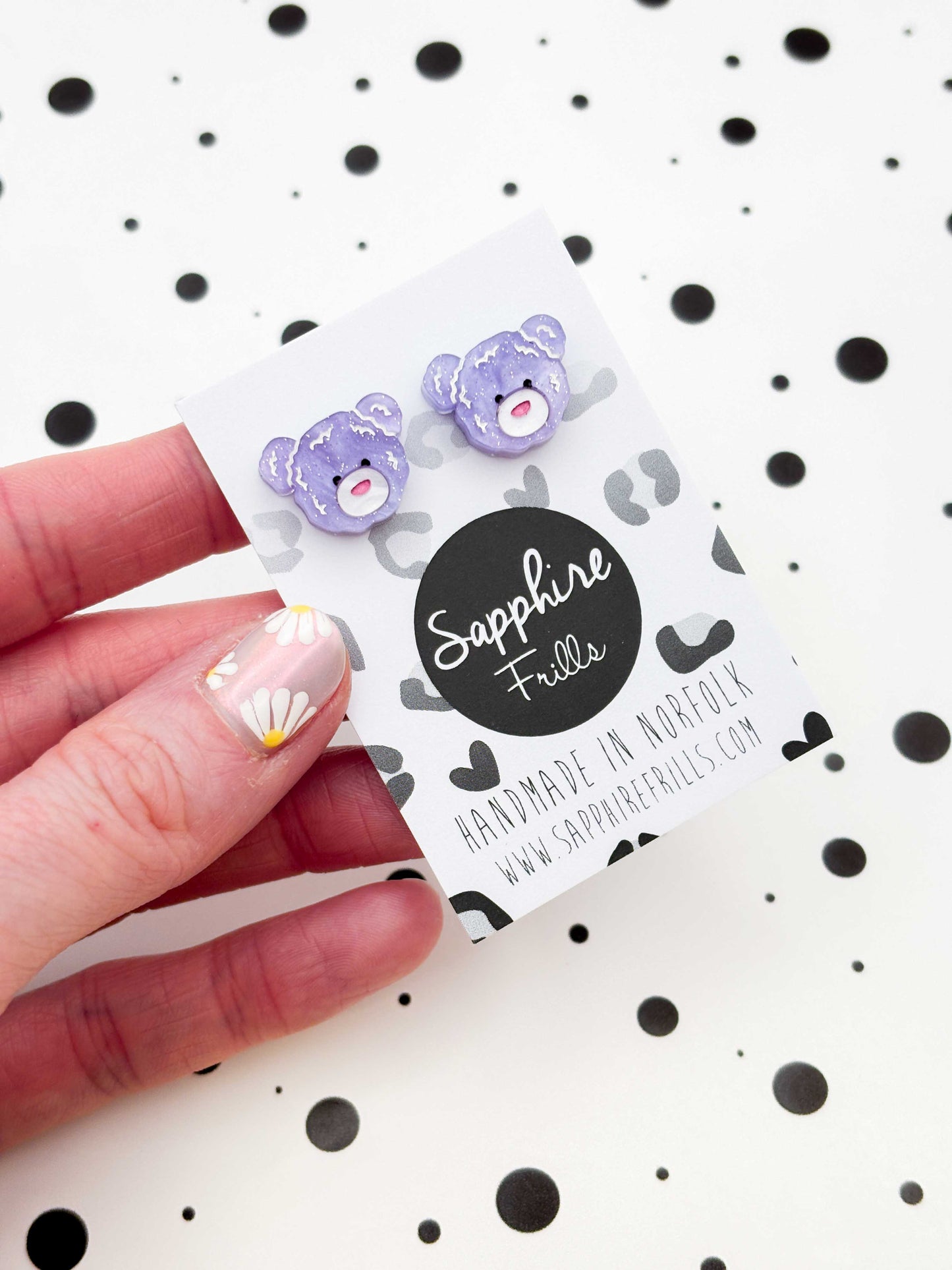 Small Lilac Glitter Marble Teddy Bear Face Stud Earrings – Hypoallergenic Stainless Steel