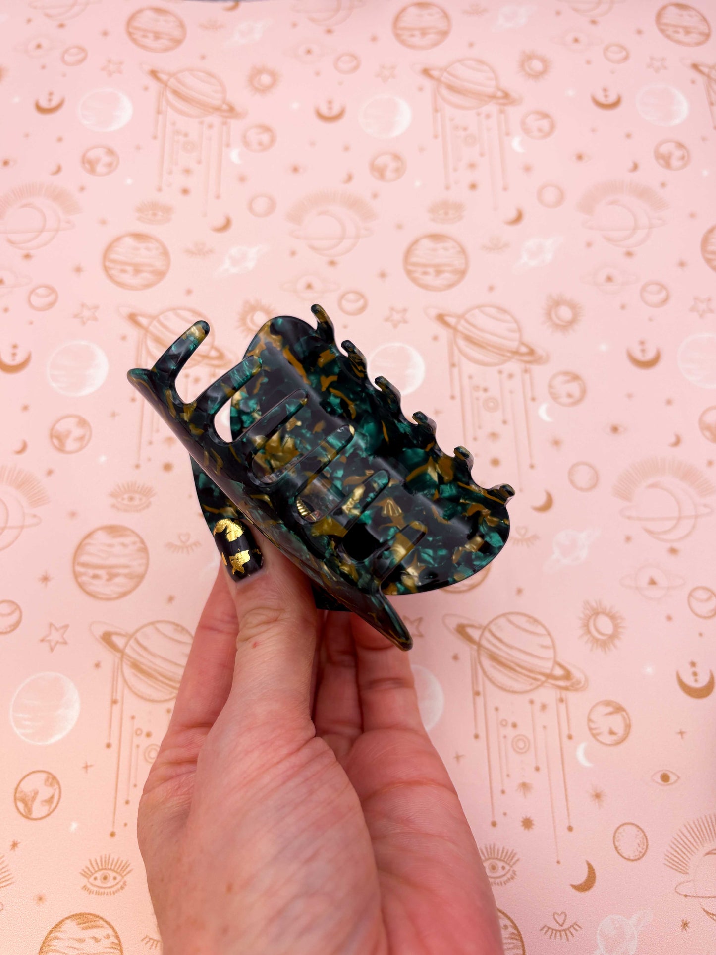 Medium Dark Green and Gold Speckled Arch Claw Clip