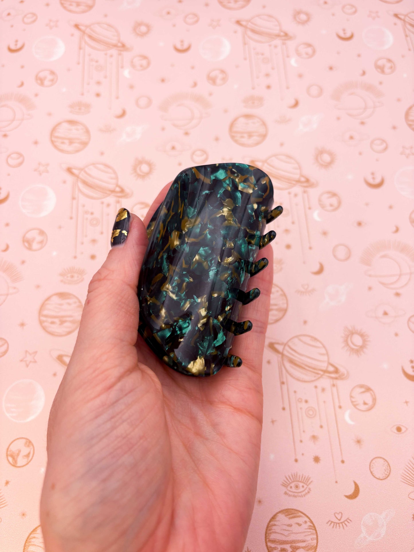 Medium Dark Green and Gold Speckled Arch Claw Clip