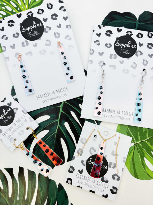 Large Iridescent Paw Print Trail Trapeze Dangle Earrings or Necklace – Hypoallergenic Stainless Steel