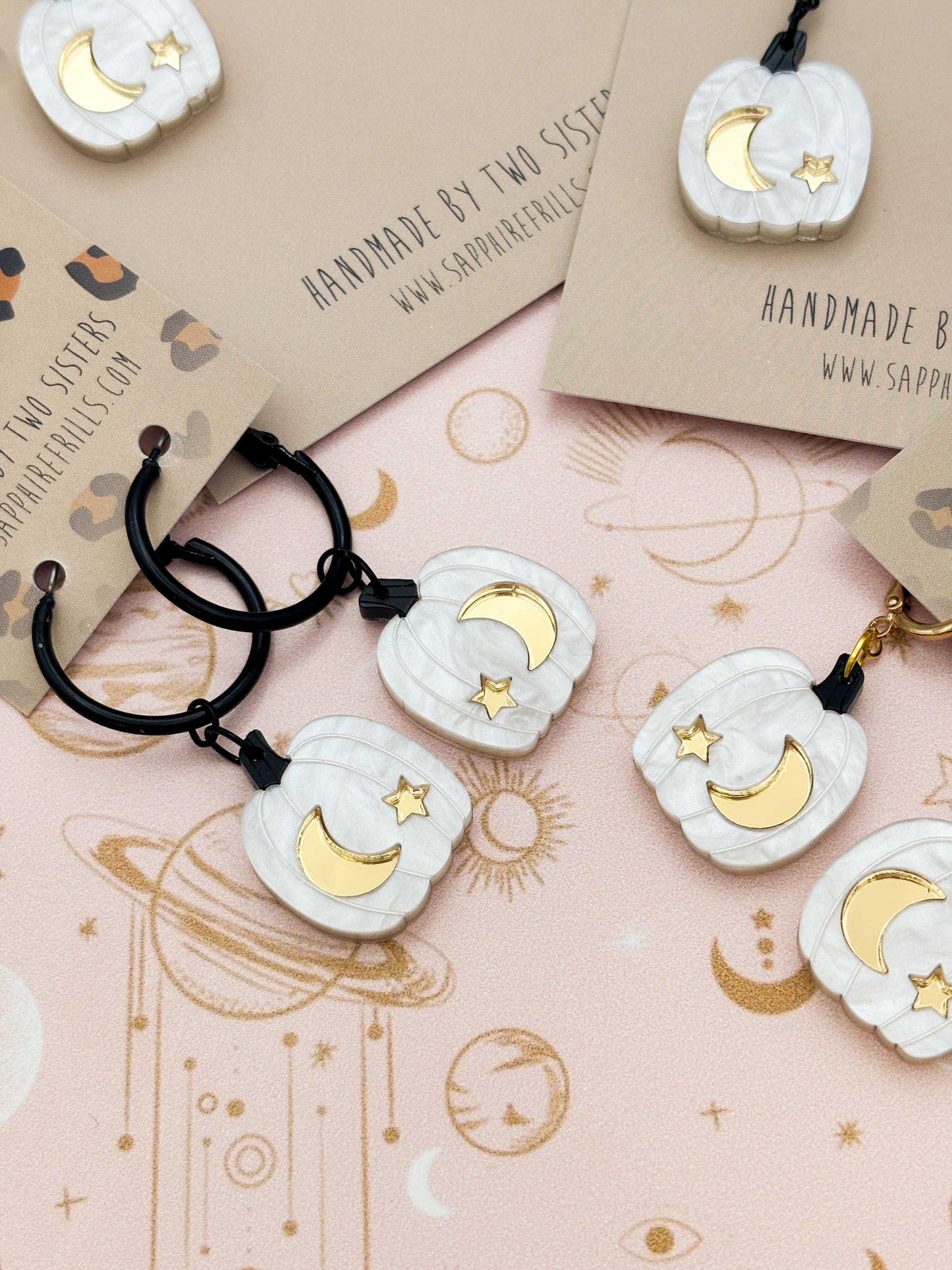 Large White & Gold Star & Moon Pumpkin Dangle Earrings