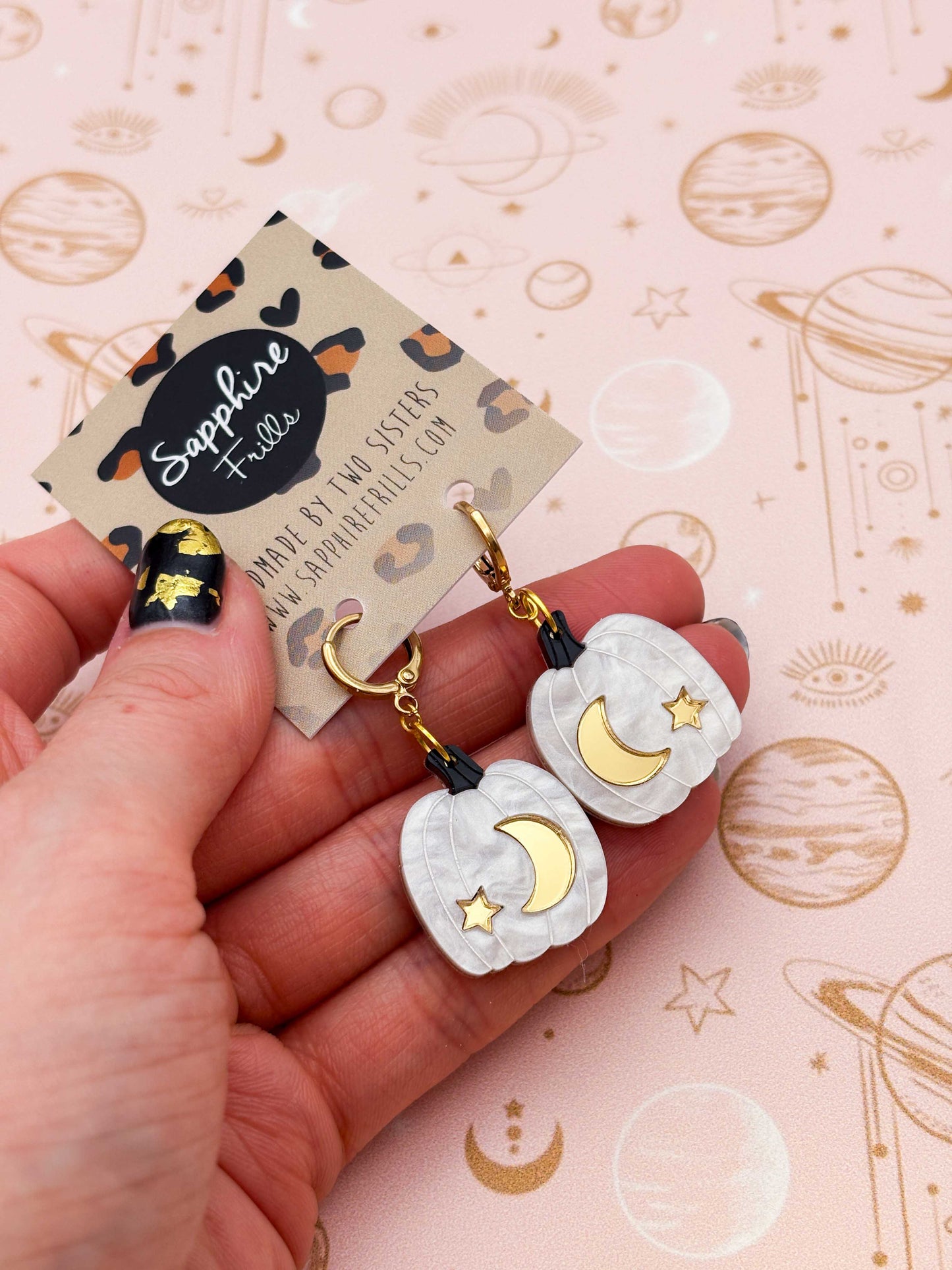Large White & Gold Star & Moon Pumpkin Dangle Earrings