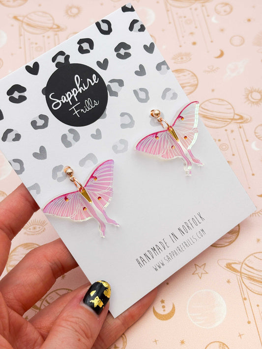 Large Iridescent Pink and Green Lunar Moth Dangle Earrings or Necklace – Hypoallergenic Stainless Steel