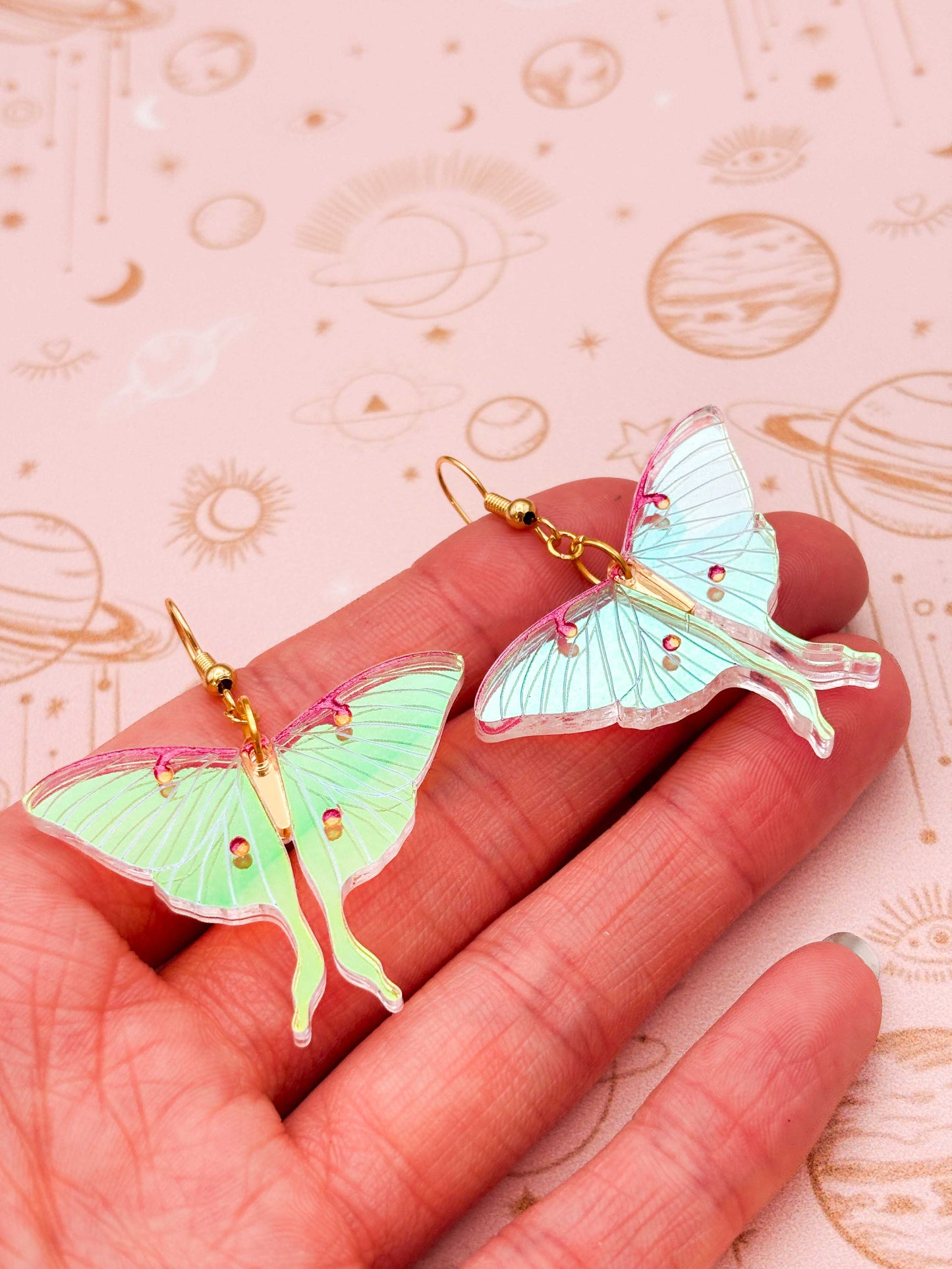 Large Iridescent Pink and Green Lunar Moth Dangle Earrings or Necklace – Hypoallergenic Stainless Steel