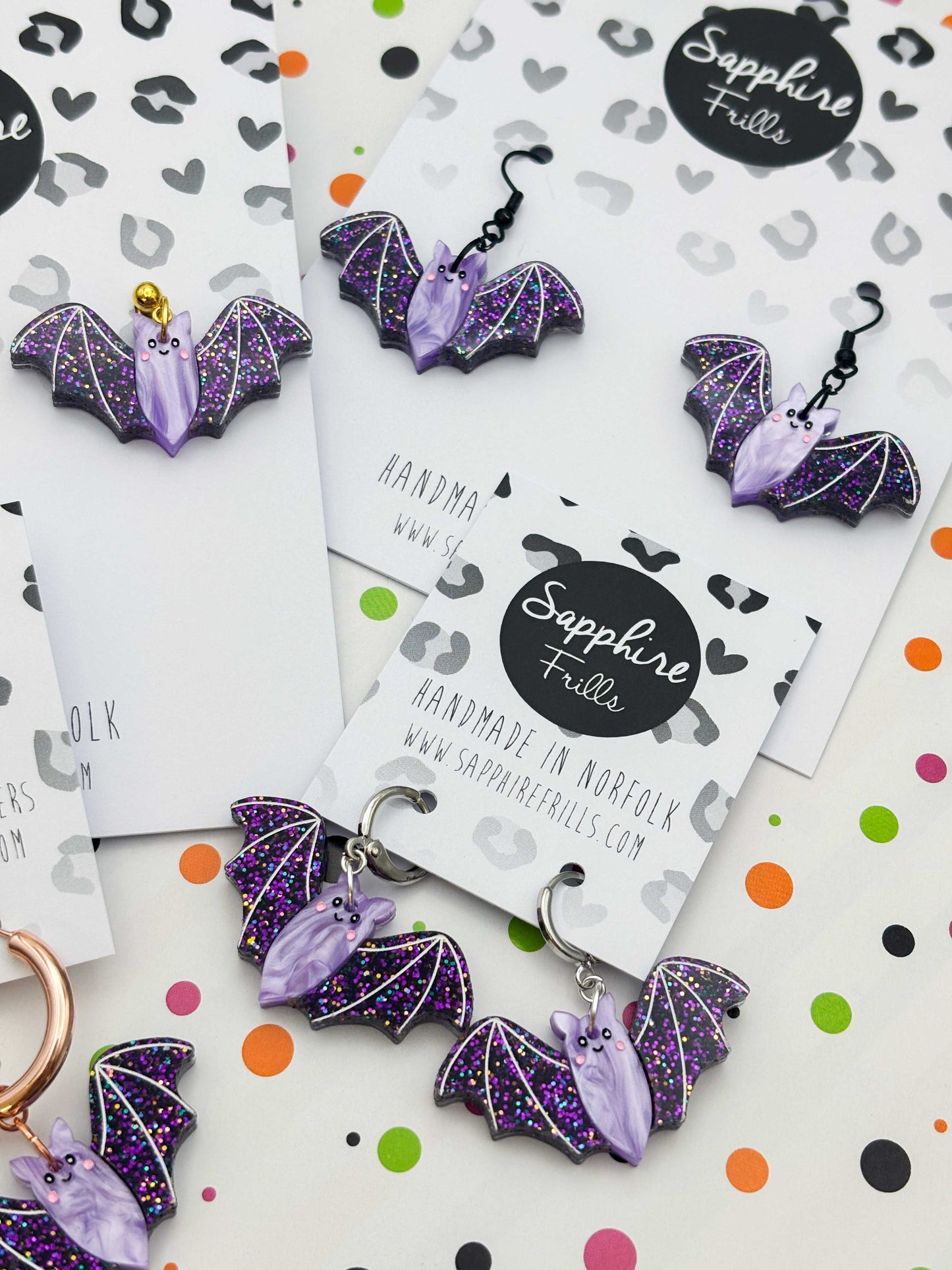 PRE ORDER - Large Purple Glitter Bat Dangle Earrings