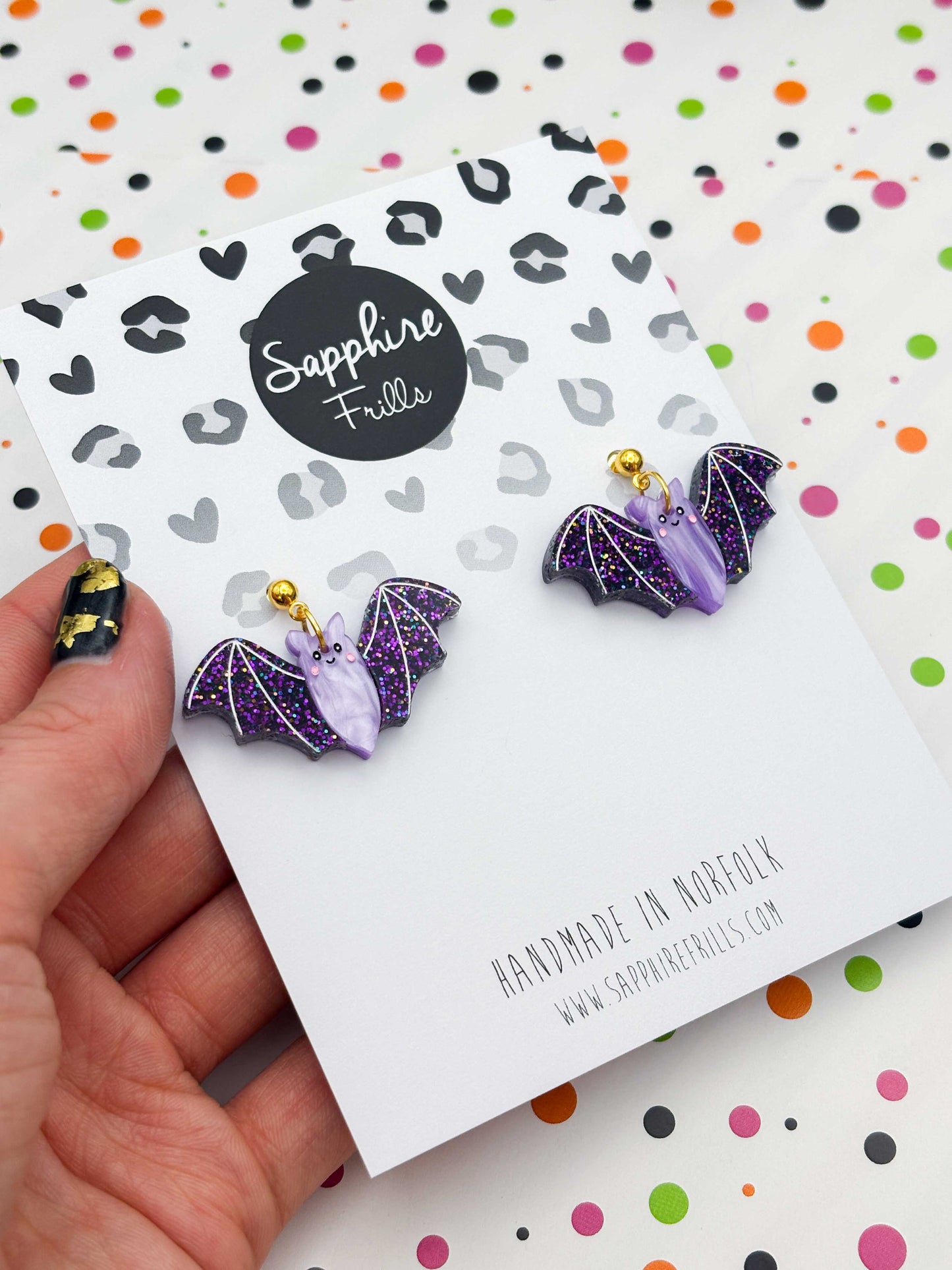 PRE ORDER - Large Purple Glitter Bat Dangle Earrings