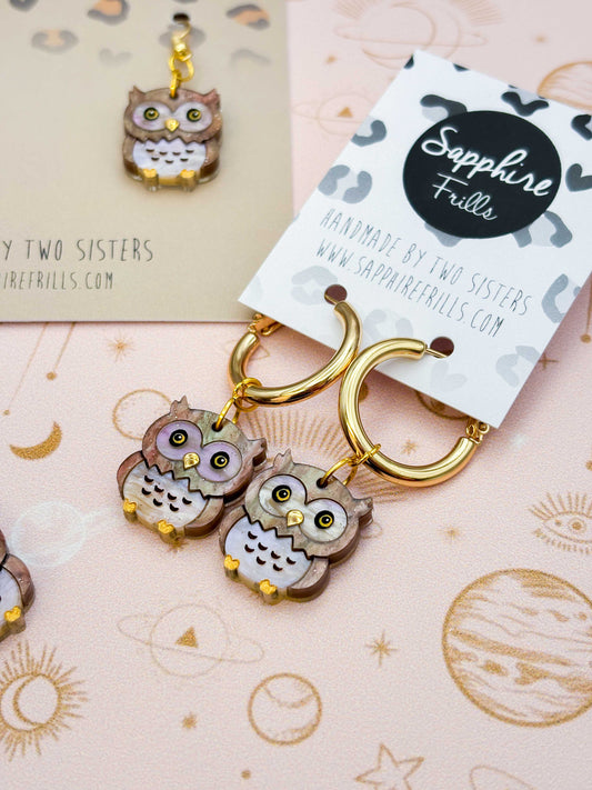 Medium Light Brown Glitter Marble Acrylic Great Horned Owl Dangle Earrings or Necklace – Hypoallergenic Stainless Steel