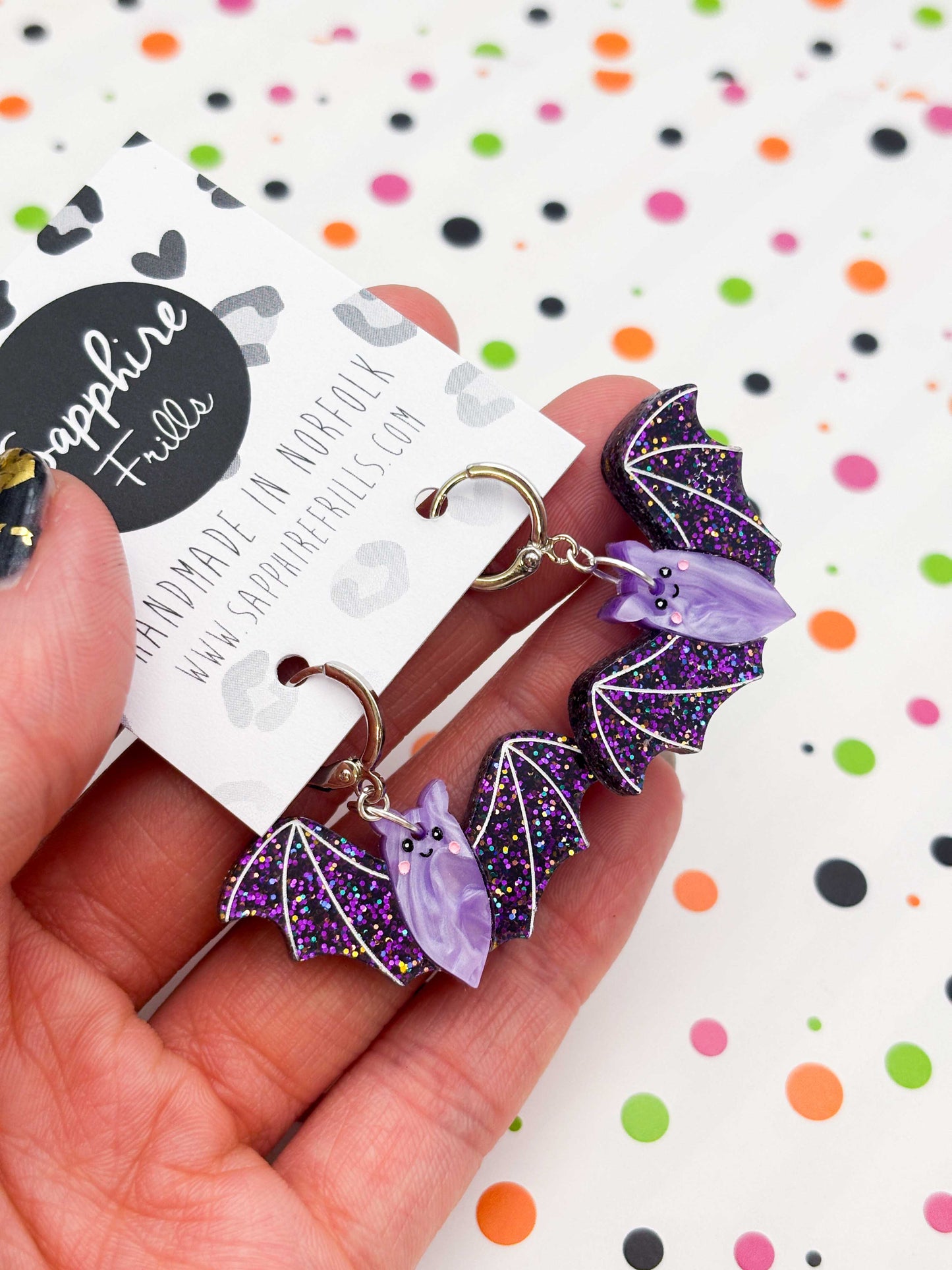 PRE ORDER - Large Purple Glitter Bat Dangle Earrings