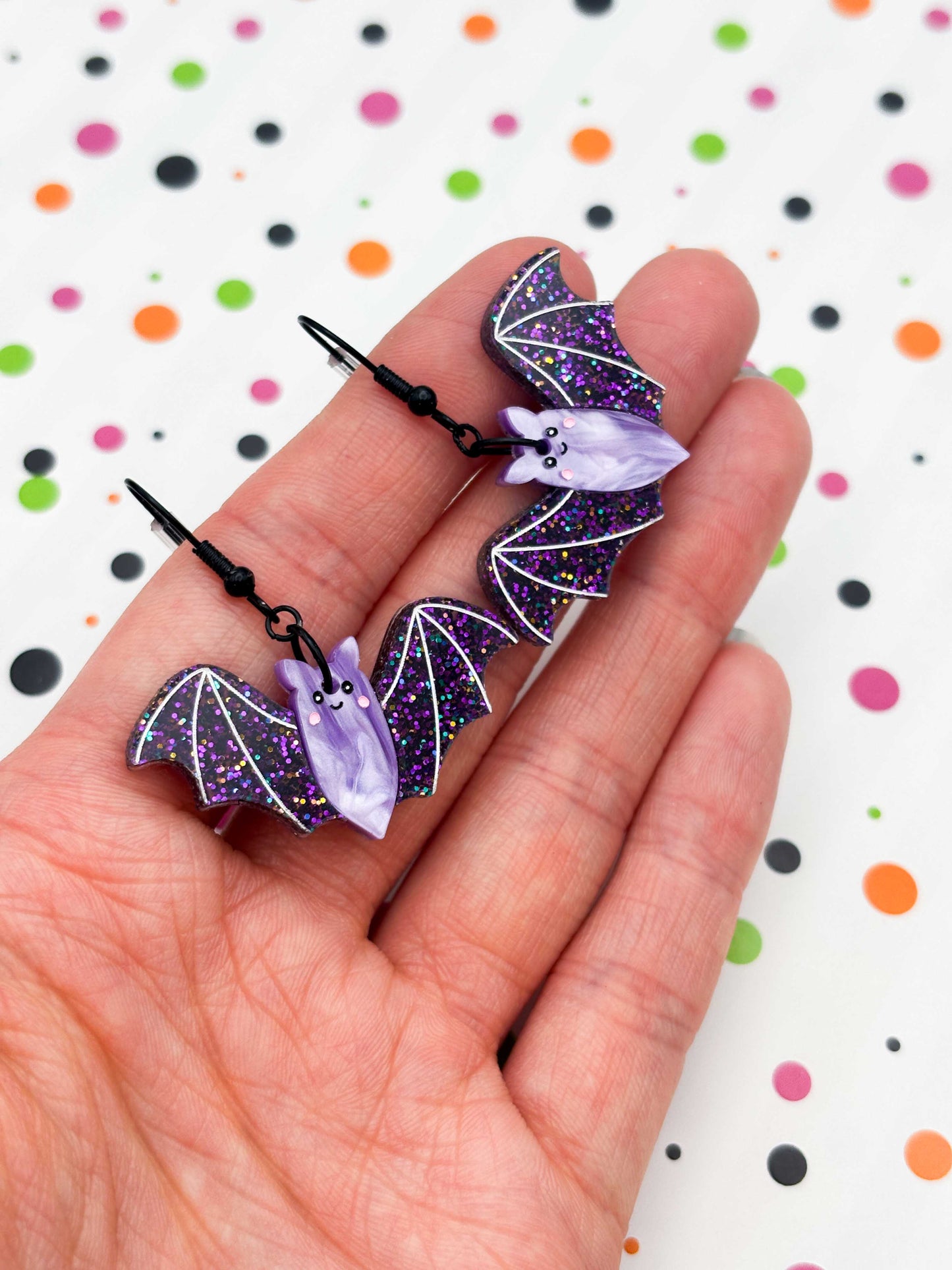 PRE ORDER - Large Purple Glitter Bat Dangle Earrings