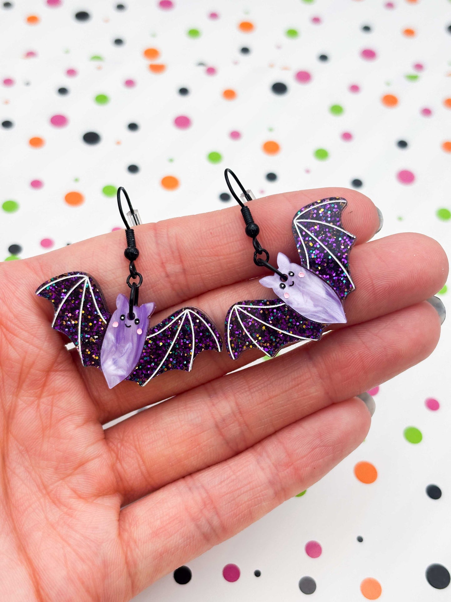 PRE ORDER - Large Purple Glitter Bat Dangle Earrings